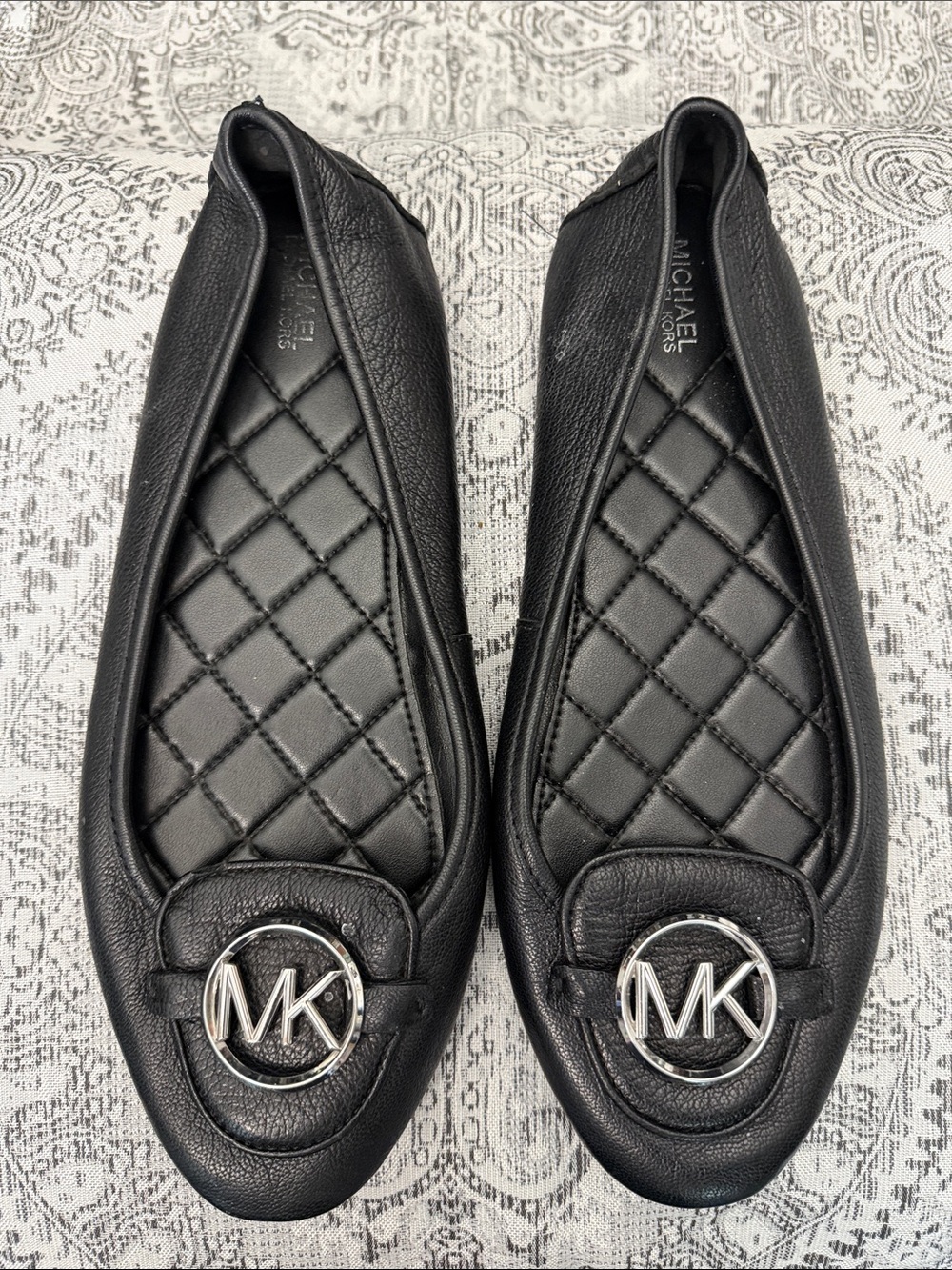 Michael Kors Black Quilted Leather MK Logo Ballet Flats - Size 9.5
